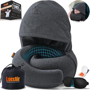 LoexAir Hooded Pro Neck Pillow for Airplane, Memory Foam Travel Pillow with Hood for Plane, Travel and Car, 100% Cotton, Maximum Privacy and Light Blocking, Lightweight Travel Set - Dark Grey