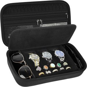 Casmilee Jewelry Box and Watch Case Organizer with 3 Watch Slots, Travel Display Box